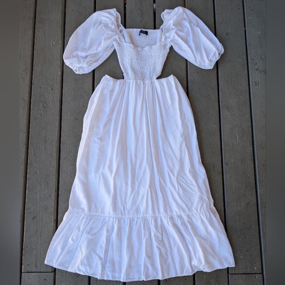 O.P.T. White Leighton Smocked Cutout Maxi‎ Dress M Puff Sleeves Cottagecore
